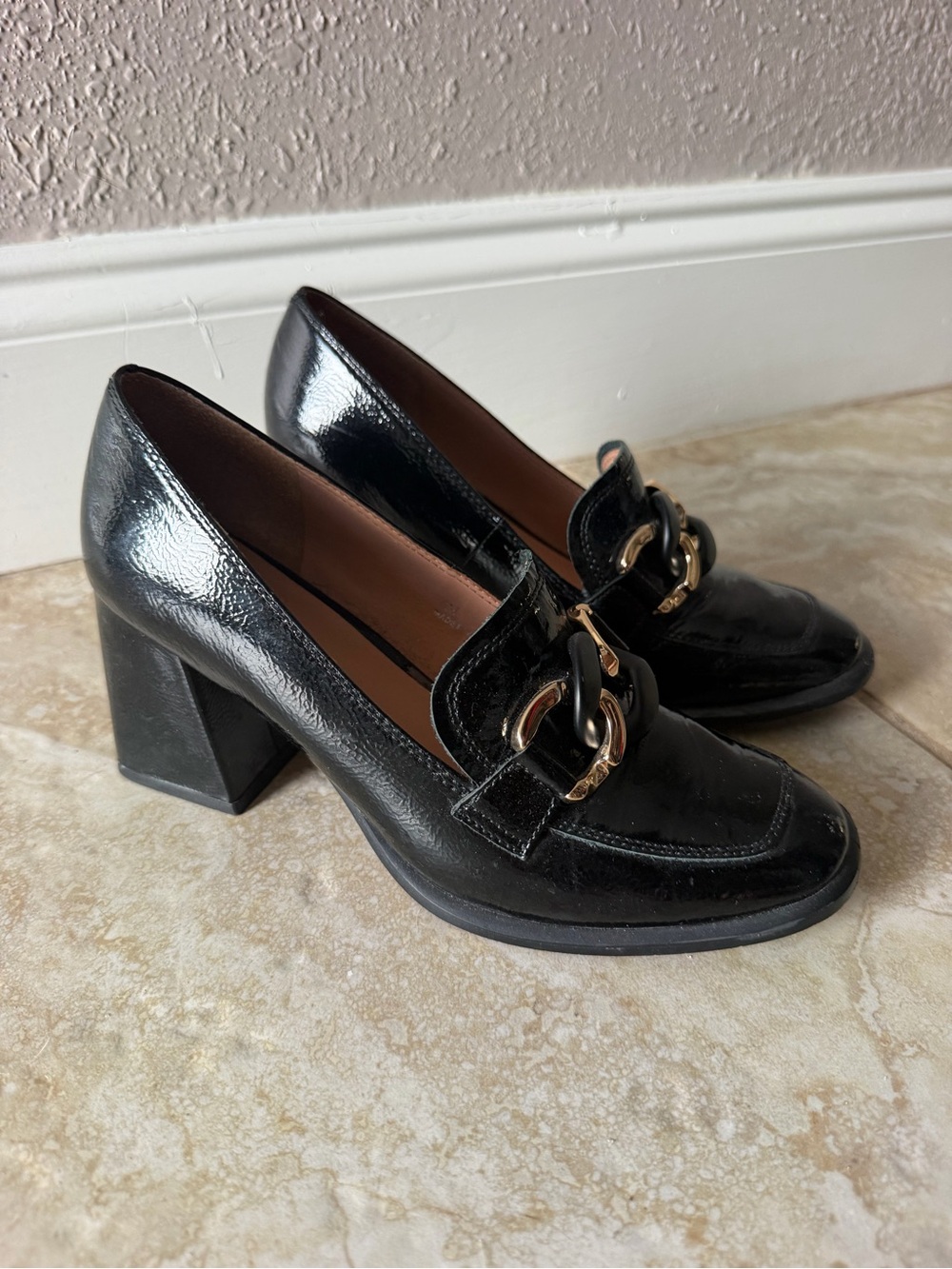 Paolo Black Patent Block Heel Loafers with Gold Chain - Picture 1 of 4